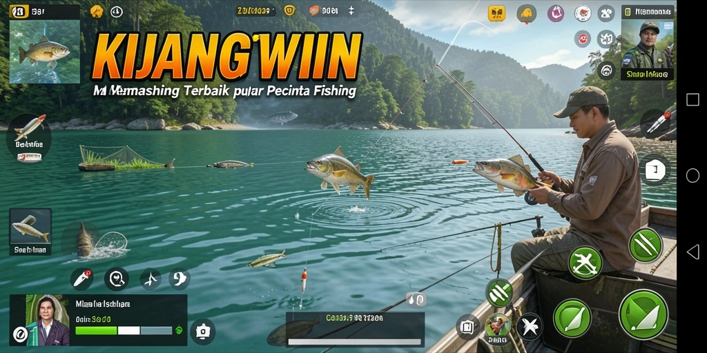 Screenshot gameplay KIJANGWIN menunjukkan serunya aktivitas memancing.