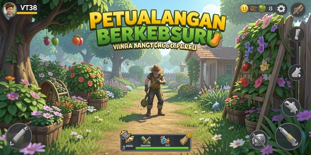 Tangkapan layar gameplay VT38 yang menunjukkan kebun yang subur dan karakter yang menarik.